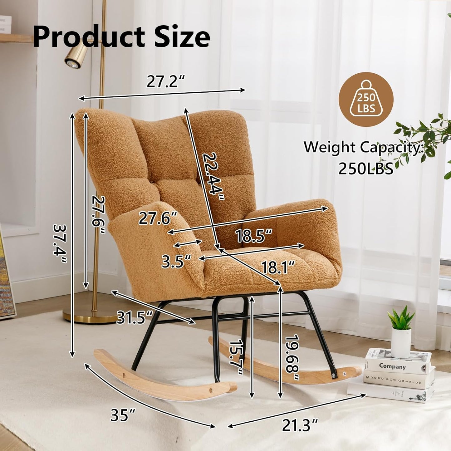 NIOIIKIT Nursery Rocking Chair Teddy Upholstered Glider Rocker Rocking Accent Chair Padded Seat with High Backrest Armchair Comfy Side Chair for Living Room Bedroom Offices (Kahaki Teddy)