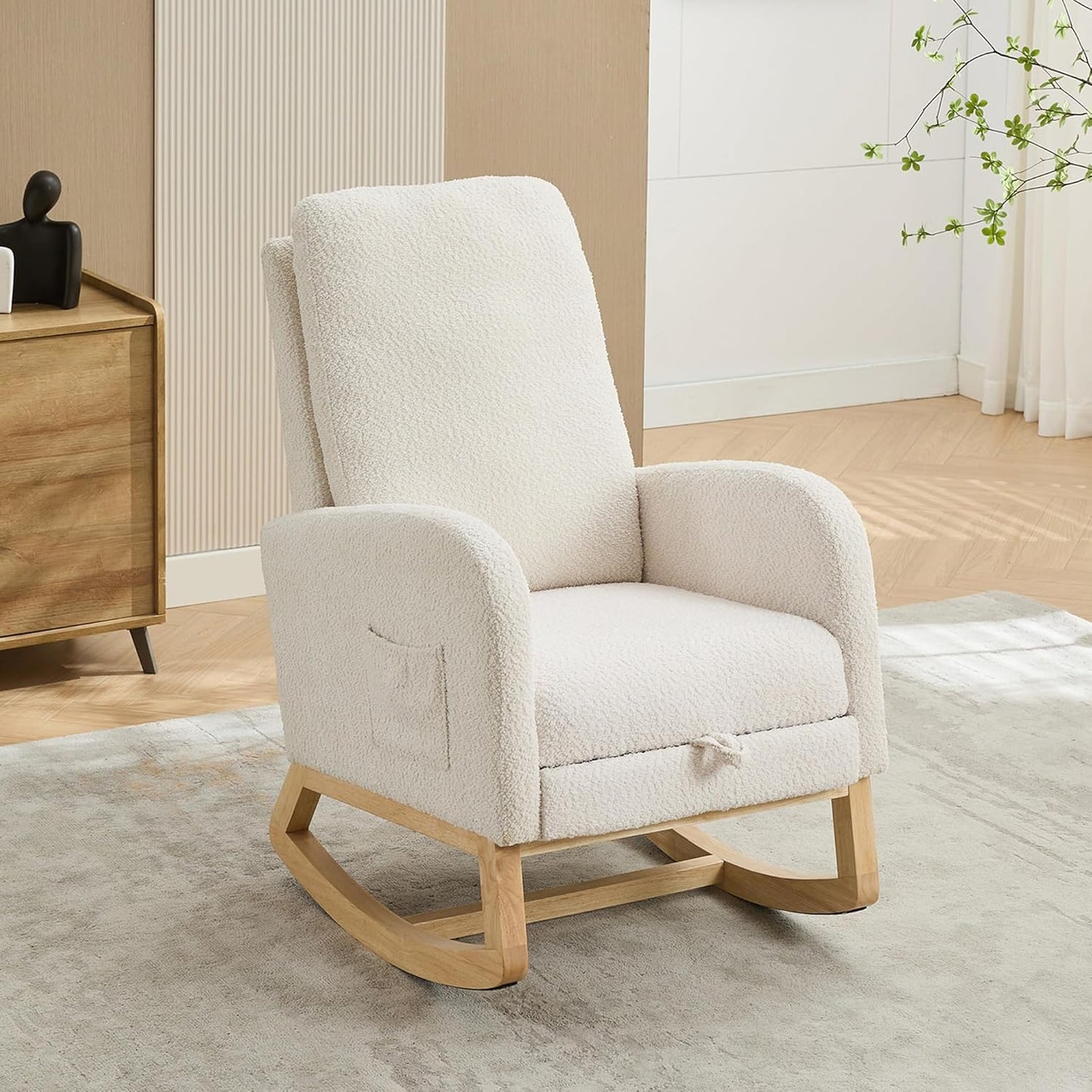 Nursery Rocking Chair with Foot Rest, Upholstered Glider Chair with Two Side Pockets, High Back Nursing Chair, Rocker Accent Armchair for Bedroom Living Room (Ivory)