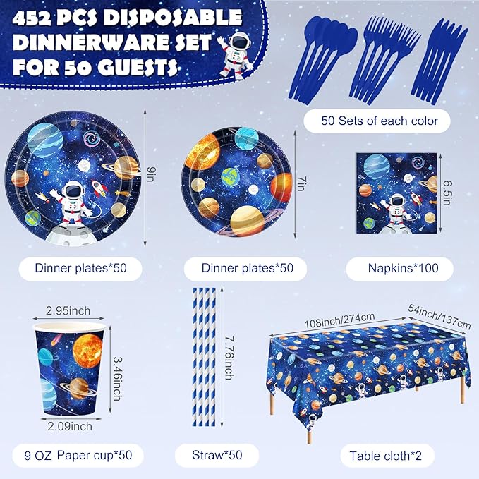 452 Pcs Space Birthday Party Decorations for 50, Solar System Paper Plates Napkins Cups Tablecloth Cutlery Straws Astronaut Tableware Set for Birthday Baby Shower Party Supplies