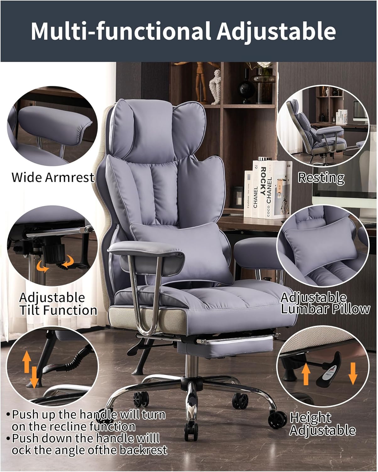 Efomao Big and Tall Office Chair 400LBS, Heavy Duty Executive Office Chair with Foot Rest, Home Office Desk Chairs, Purple Big Tall Computer Chairs