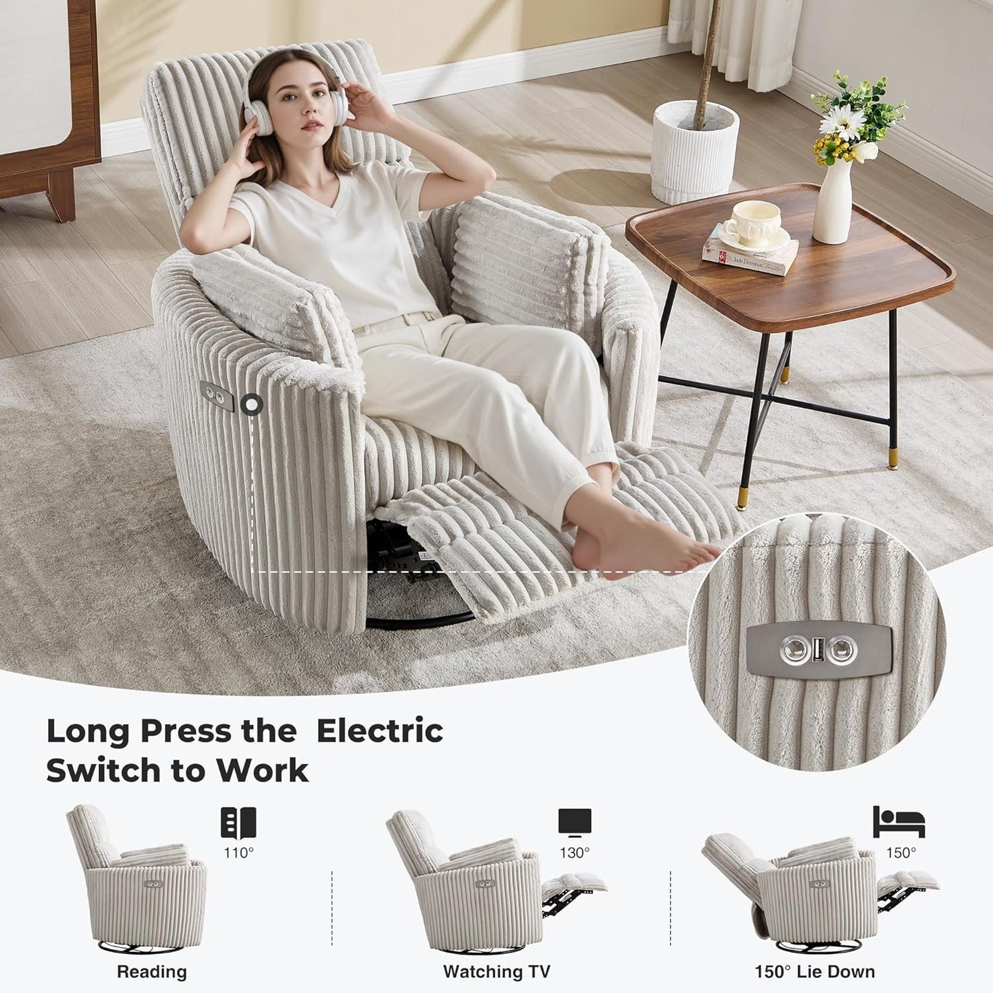 Recliner Swivel Glider Electric Rocking Chair with USB Living Room Bedroom Upholstered Highback Nursery Adult Power Recliner Rocking Chair with 2 Pillows(LIGHTGREY Corduroy, Power-Driven)