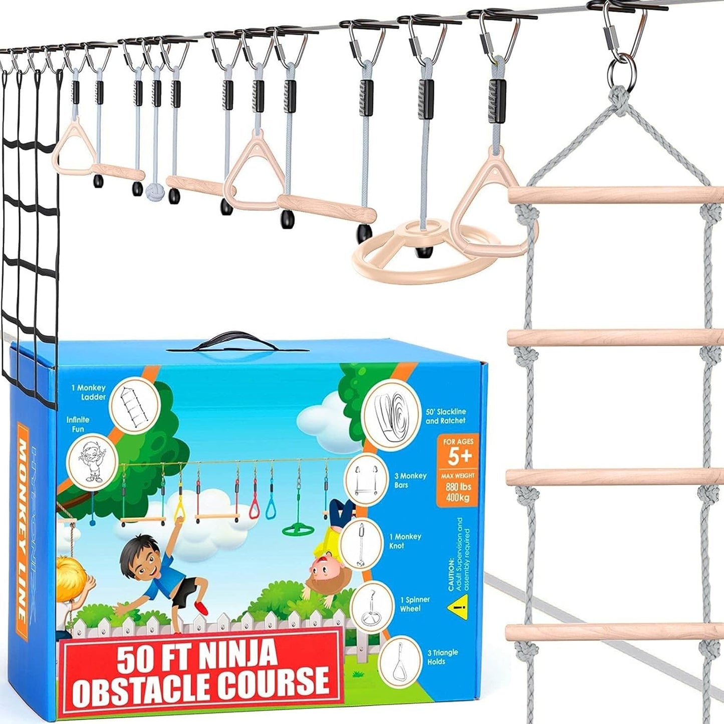 Ninja Warrior Obstacle Course for Kids – 2 x 50 ft Slacklines with 10 Weatherproof Obstacles – Monkey Net, Ratchet-Tight Technology, Supports Up to 880 lbs – Climbing & Swinging Equipment