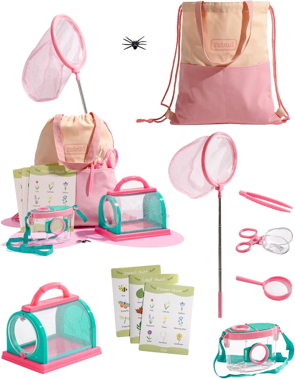 ROBUD Kids Explorer Kit, Bug Catcher Kit with Bag Kit, Pink Outdoor Exploration Set for Camping, Montessroi Toy for Kids Coming Closer to Nature，WRP28