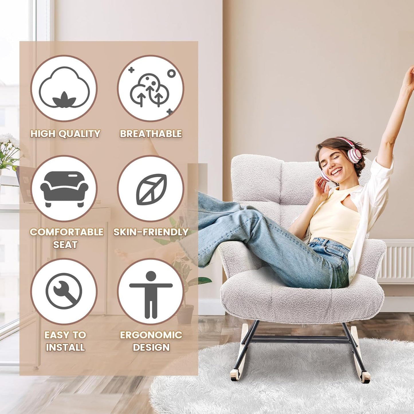 Rocking Chair Nursery Teddy Upholstered Glider Rocker Rocking Accent Chair Padded Seat with High Backrest Armchair Comfy Side Chair for Living Room Bedroom Offices (Grey Teddy)