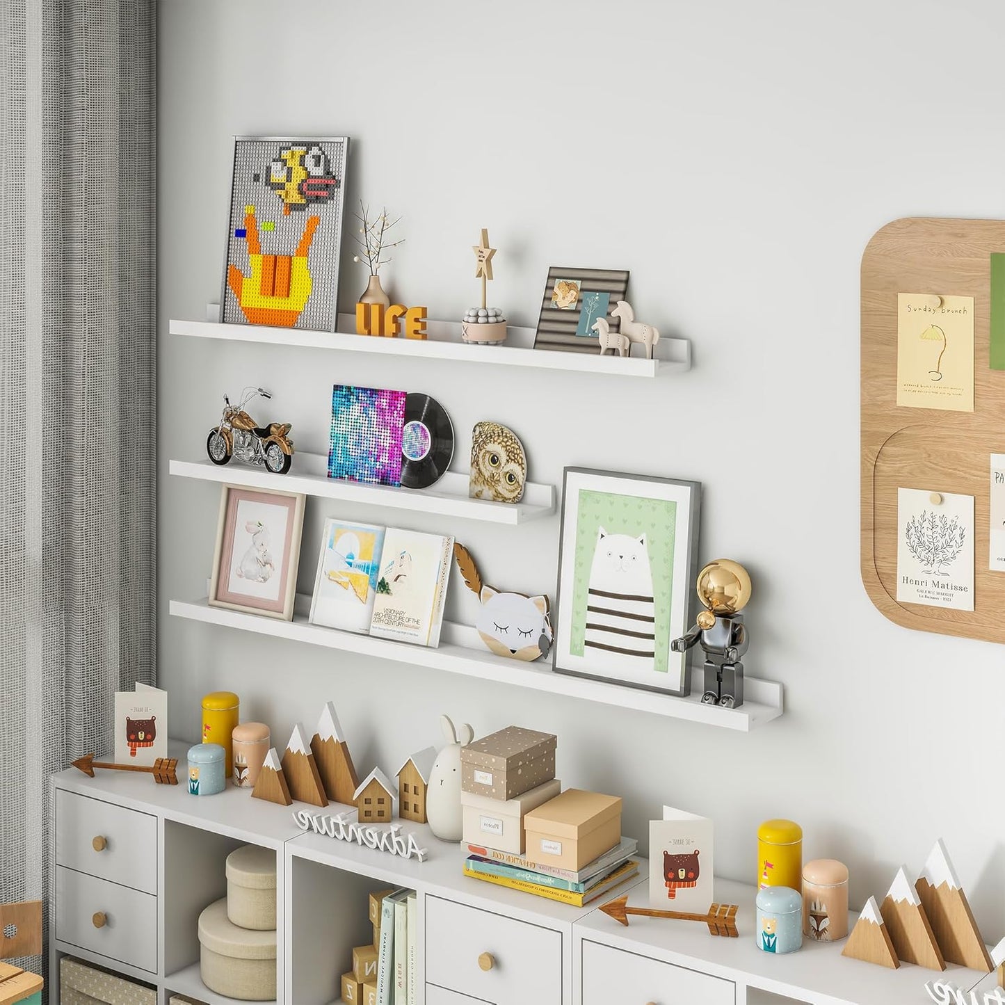 Picture Ledge Shelf, 72 inch Solid Ash Wood Floating Shelves Set of 2, Picture Ledge Ledge Wall Mounted for Living Room Kids' Room Bedroom, Color White