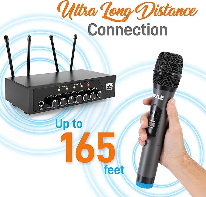Pyle Wireless Microphones, Professional UHF Dual Microphones for Karaoke, Wireless Dynamic Microphone System Set with Rechargeable Receiver,Plug and Play, Speech, Wedding, Church, PA System