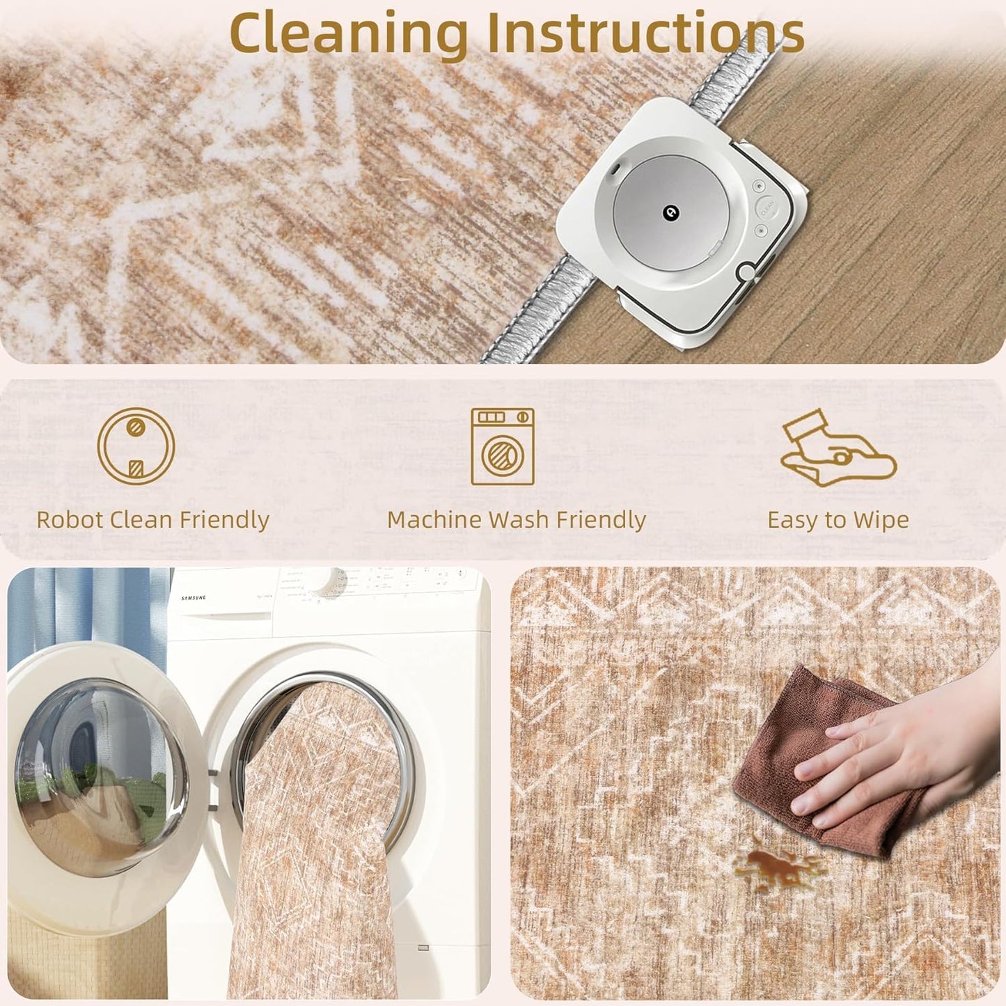 Moroccan Large Area Rug 6x9 - Soft Machine Washable Geometric Boho Distressed Farmhouse Rug Morden Stain Resistant Indoor Floor Carpet for Bedroom Dining Table Nursery Home Office (6 x 9, Brown)