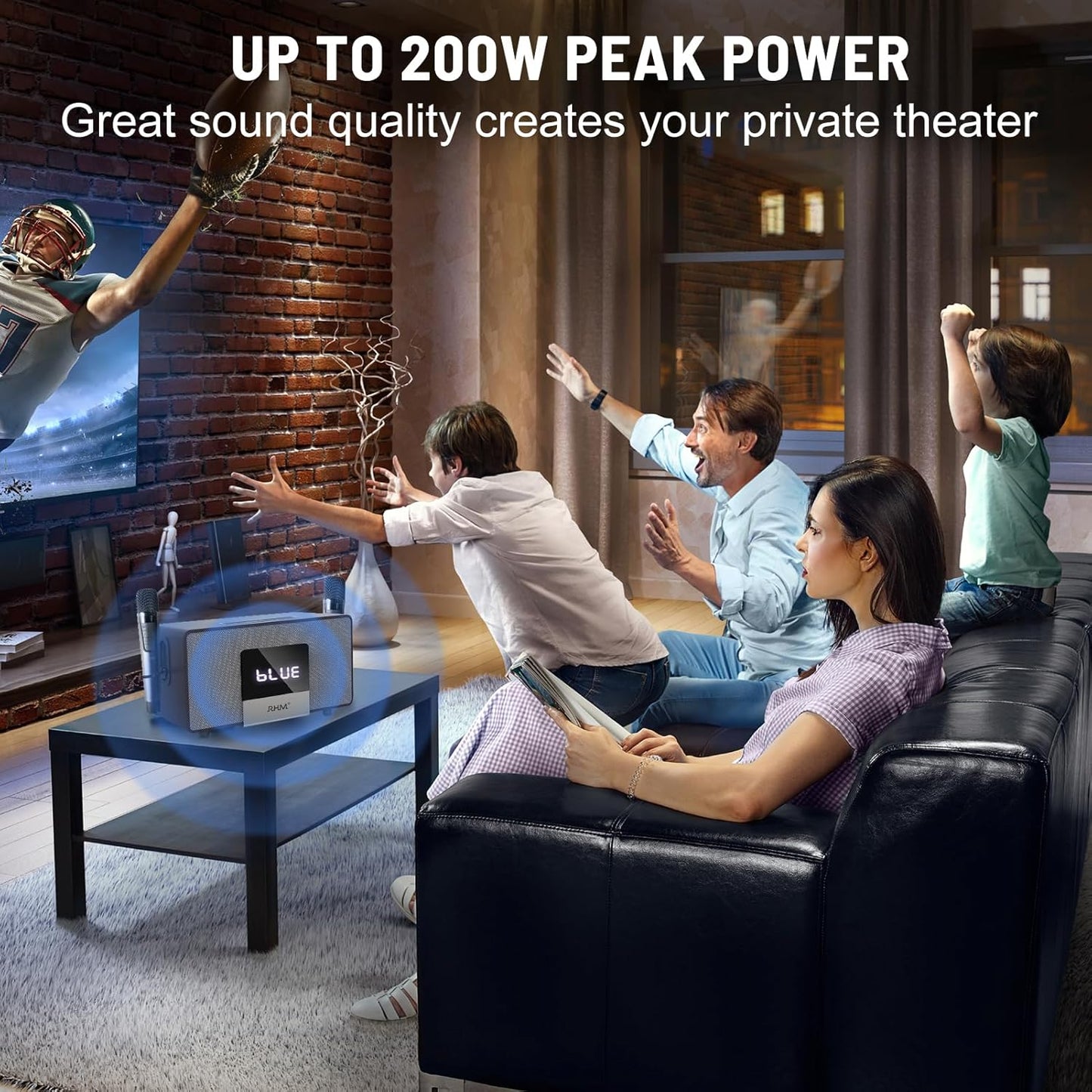 RHM K222 Karaoke Machine with 2 UHF Wireless Microphones & 5 Music Modes, Support Optical/Bluetooth/AUX/USB/PC, Wooden Home Karaoke Singing Machine for TV, Home, Karaoke, Singing Party, Christmas