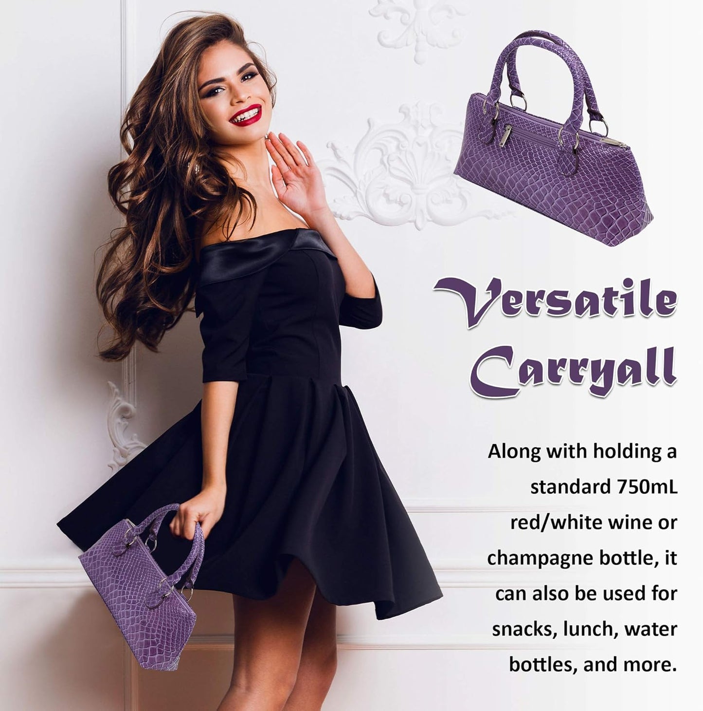 Wine Clutch Bag (Thermal Insulated) Trendy Women’s Carry Tote | Holds Red & White 750mL Bottles | Trendy Fashion | Incl. Portable Waiter-Style Corkscrew (Purple Burmese)