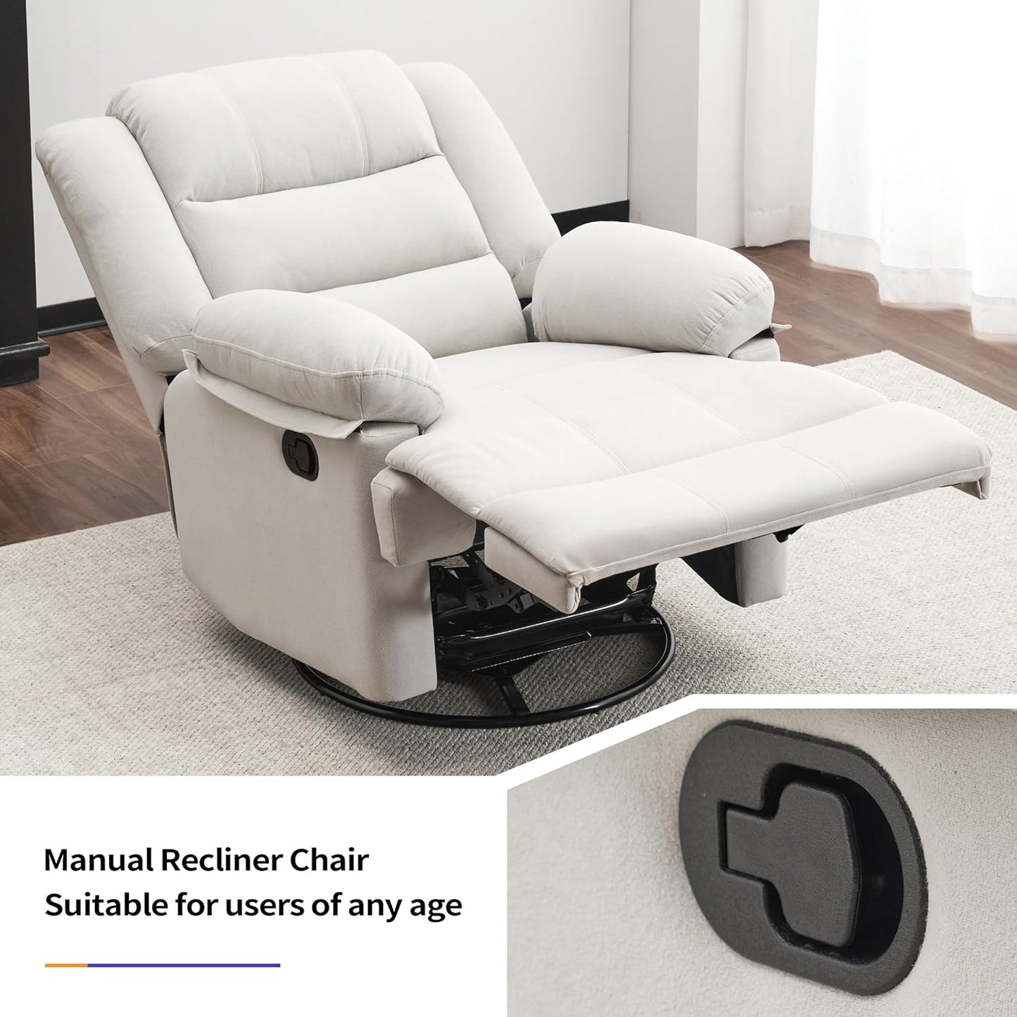 Swivel Rocking Recliner Chair for Adults, Overstuffed Manual Glider Rocker Recliner Chairs, Upholstered Reclining Single Sofa for Living Room Nursery (Beige)