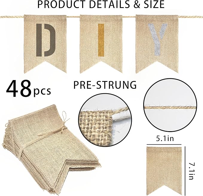 48 PCS Burlap Banner DIY Kit With 42 PCS Letter Stencil Banner Burlap Painting For Party Decorations Swallowtail Flags For Birthday