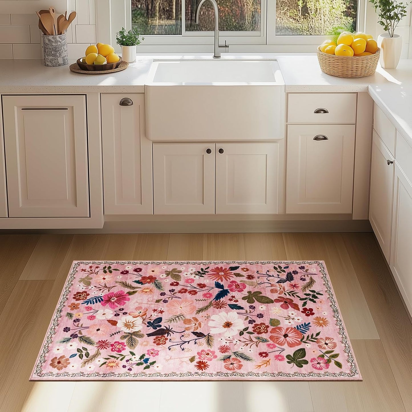 2x3 Washable Entryway Rugs Pink Boho Vintage Floral Pattern Non Slip with Rubber Backing Small Rugs Stain Resistant Faux Fur Low Pile Door Mat for Front Door Kitchen Bedroom Girls Bathroom Laundry