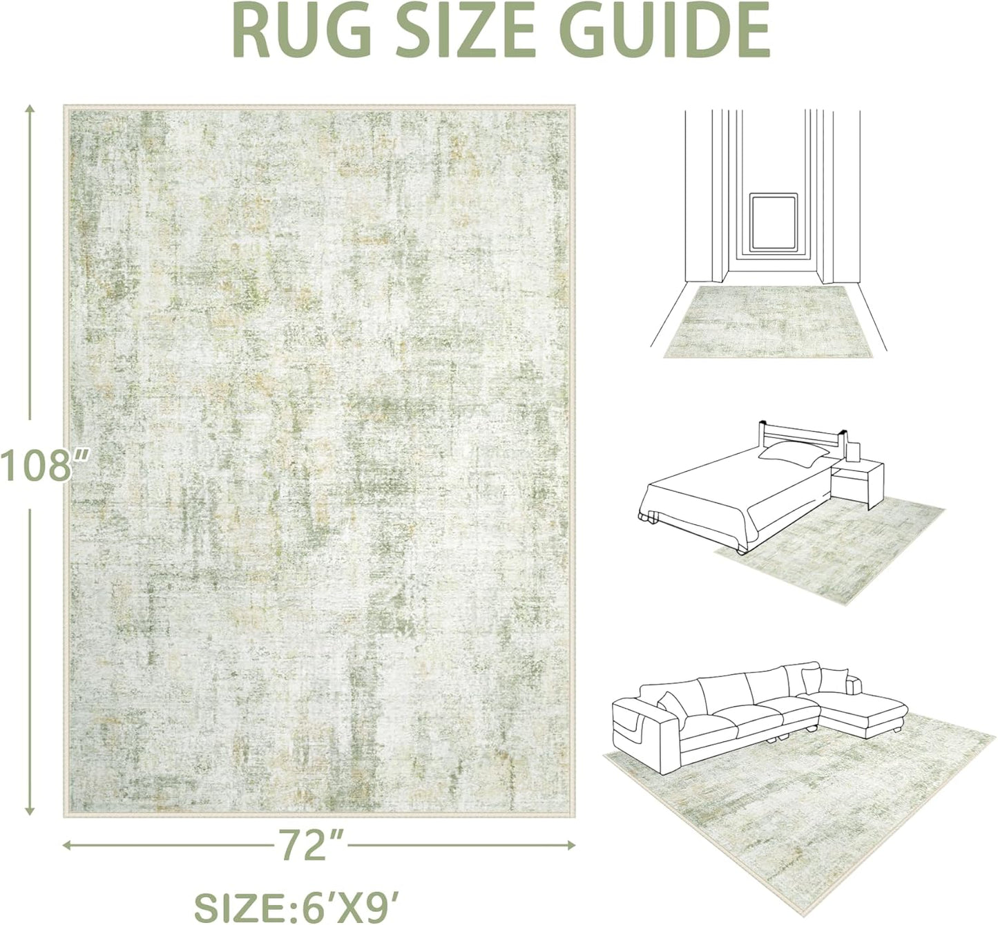 Area Rugs 6x9 Living Room: Washable Rug Modern Abstract Large Rugs Soft Non Slip Neutral Rug Stain Resistant Indoor Carpet for Bedroom Kitchen Dining Room Nursery Home Office Rugs(Green Brown,6'x9')
