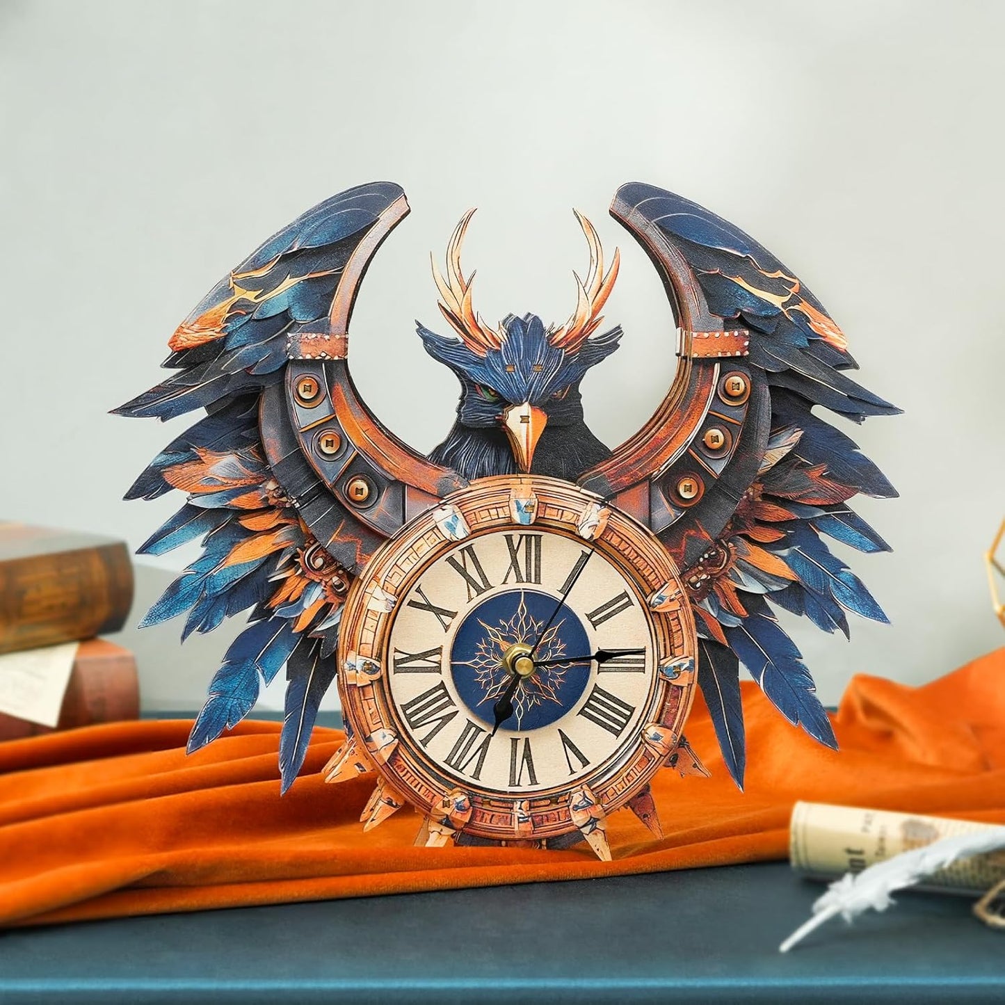 3D Puzzles for Adults Clock-Thunderbird Design Model Kit-Mechanical DIY Pendulum Clock with Roman Numerals-Desk Home Office Decor Personalized Gift for DIY Lovers