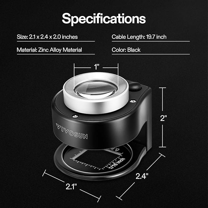 VIVOSUN 30X Rechargeable Loupe Magnifier with White LED Light and UV Light, Portable Magnifying Glass with Optical Glass Lens & Scale for Jewelry, Textile, Gems, Stamps, Coins and Plants