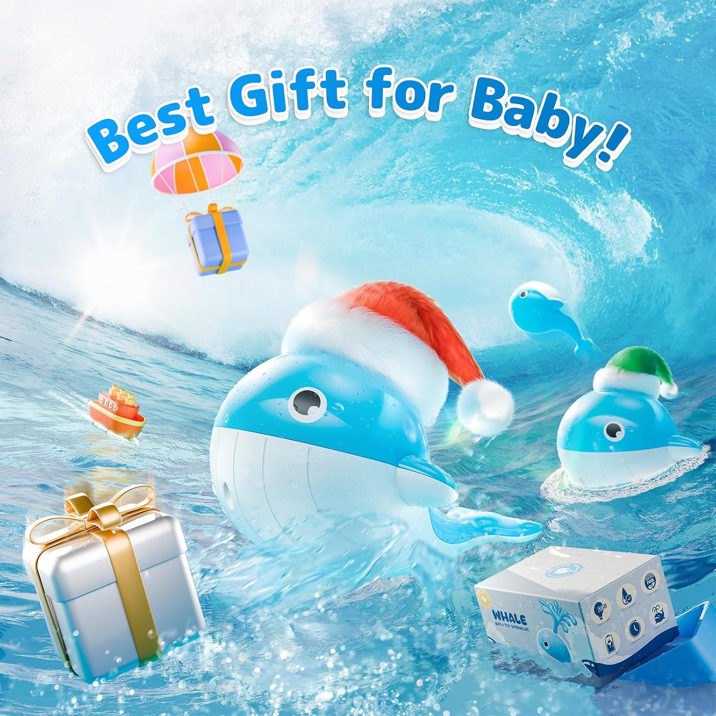Baby Bath Toys for 6-12 Months, Rechargeable Bath Toys for Babies 6-18 Months, Whale Bath Toy Sprinkler for Toddlers 1-3 2-4, Light Up Bath Toy for Kids, Infant Bathtub Toys