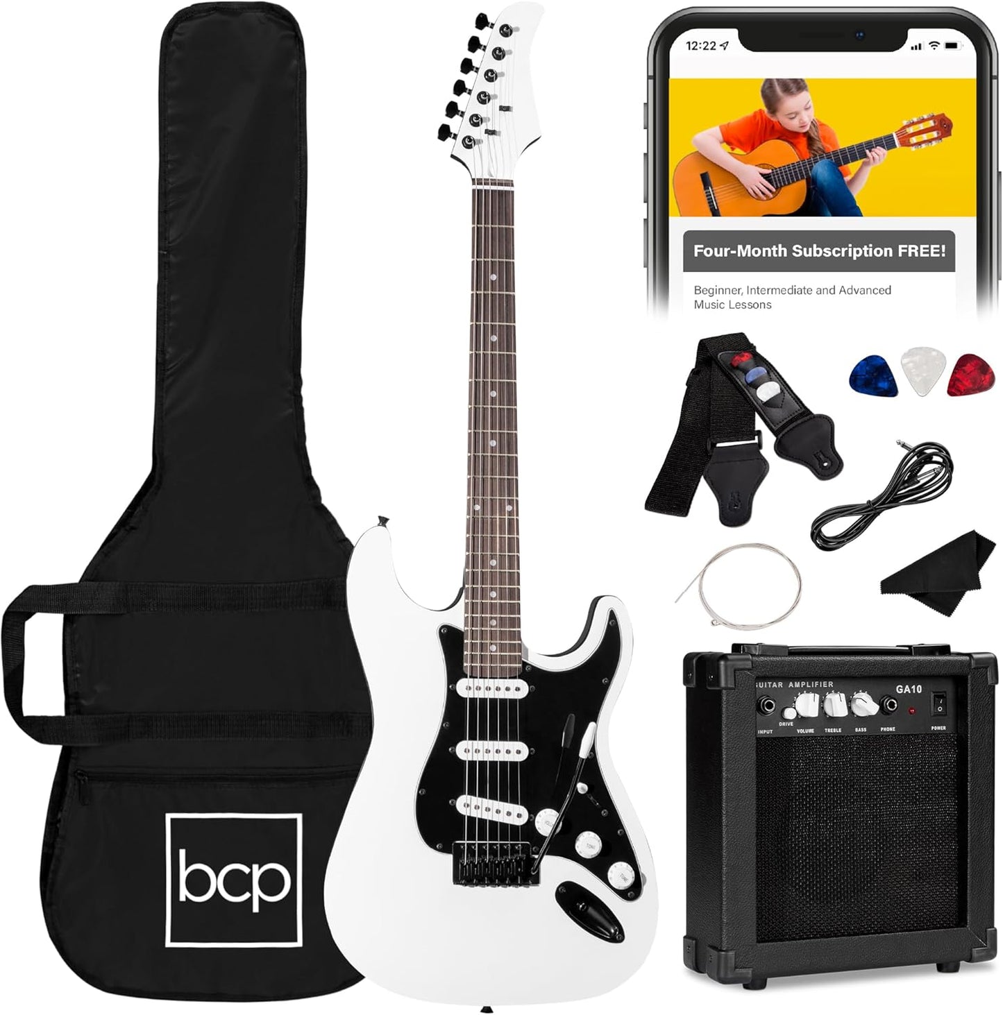 Best Choice Products 39in Full Size Beginner Electric Guitar Starter Kit w/Case, Strap, 10W Amp, Strings, Pick, Tremolo Bar - Glacier White