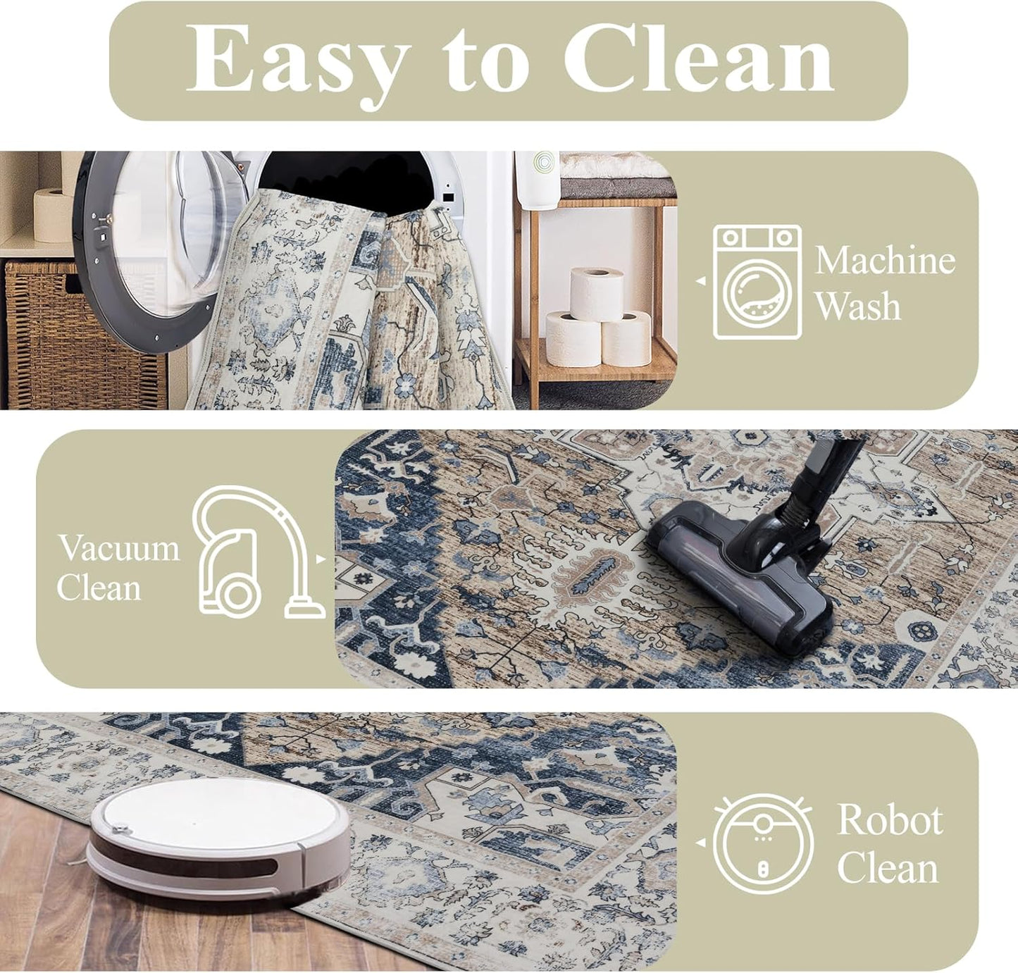 Washable Area Rugs 8x10, Large Rugs for Living Room, Carpet for Bedroom, Soft Faux Wool Retro Dining Room Rug, Non-Slip Backing Resistant Low Pile Vintage Print Rug for Home Office (Taupe/Blue)