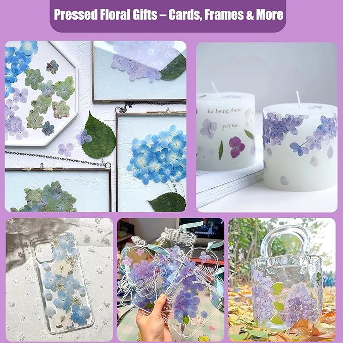 LUXEEASE 140 Pcs Dried Pressed Hydrangea Flowers for Crafts, Real Natural Blooms in Blue, Pink & White Tones with Foliage Accents, Perfect for Resin Art, DIY Jewelry & Home Decor – Tweezers Included