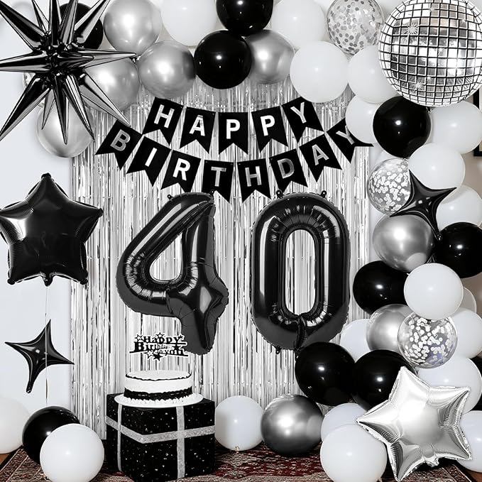 40th Birthday Decorations for Men Women, Black Silver Happy Birthday Party Decorations， 40 Year Old Party Supplies with Number 40 Balloons, Banner, Fringe Curtains Kit