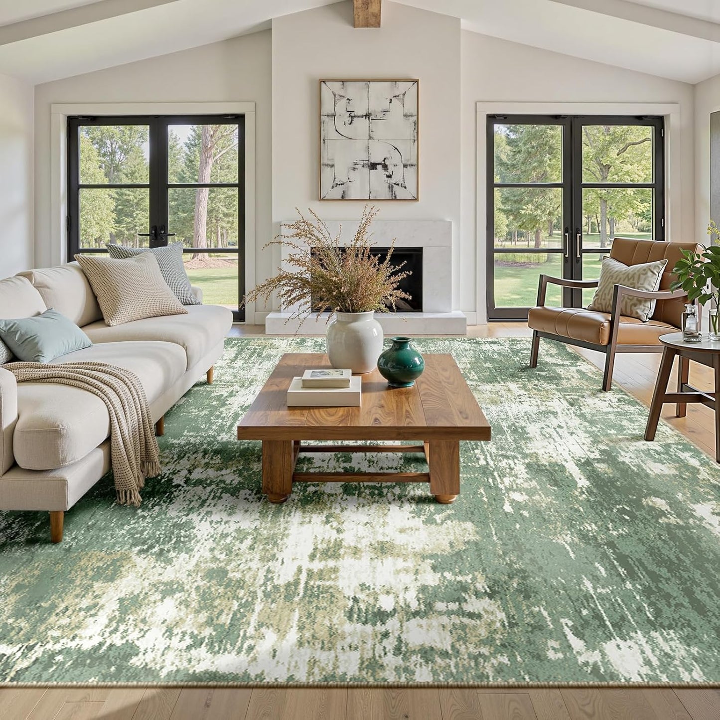 Washable Area Rugs 5'x7' Non-Slip Modern Abstract Soft for Living Room Entryway Bedroom Nursery, Print Pattern, Light Green/Yellow