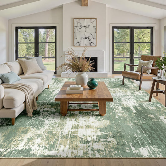 Washable Area Rugs 9'x12' Non-Slip Modern Abstract Soft for Living Room Entryway Bedroom Nursery, Print Pattern, Light Green/Yellow