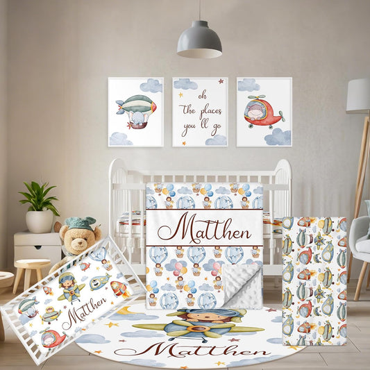 Personalized Crib Bedding Set, 5 Pcs Custom Name Nursery Bedding Set with Double Layer Flannel Blanket, Pilot Animals Baby Crib Set for Boys Girls, Customized Gifts for Toddlers Infants Babies