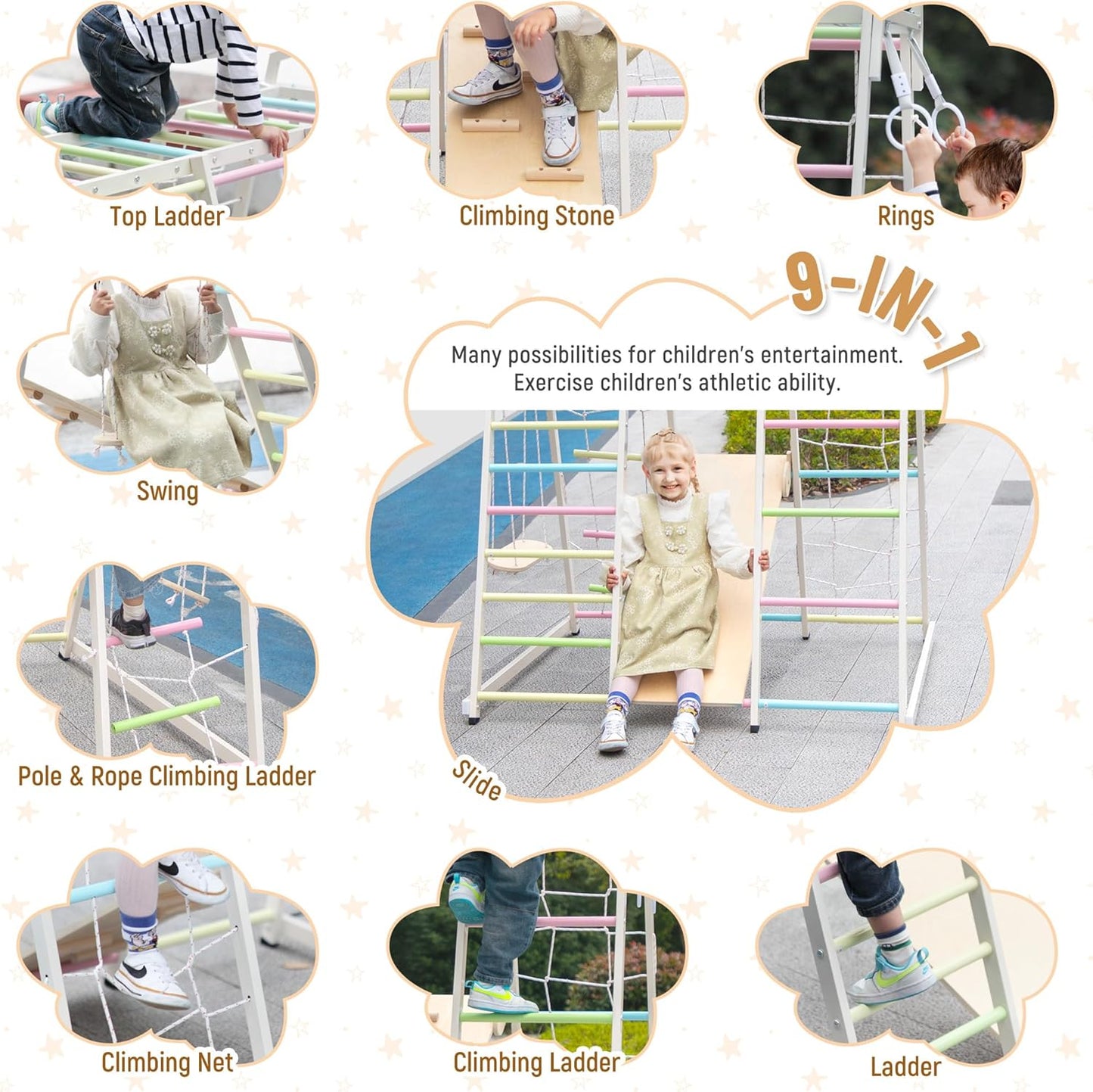 JAXPETY 9-in-1 Indoor Playground, Indoor Jungle Gym for Kids, Toddler Montessori Climbing Gym, Inside Play Gym with Slide, Swing, Monkey Bar, Ladder, Rings