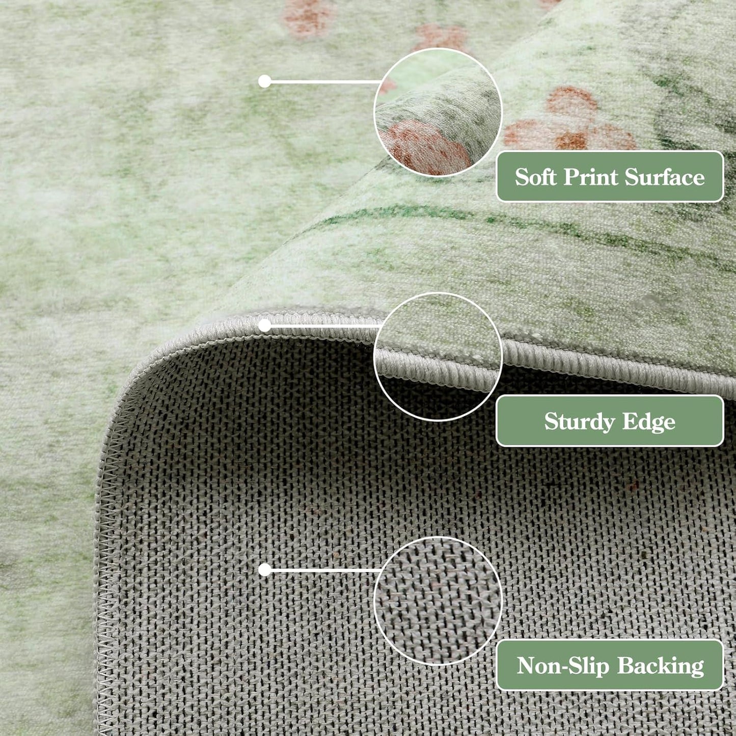 Wonnitar Floral Bow Print Washable Rugs 5x7, Sage Green Rug for Living Room, Ultra-Thin Non Slip Soft Boho Carpet for Dining Room Bedroom Kid Room Playroom, Light Green