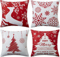 Christmas Pillow Covers 20x20 Set of 4 Farmhouse Christmas Tree Throw Pillow Case Snowflake Reindeer Decoration for Winter Holiday Decor Throw Cushion Case for Home Sofa Couch, Red and White