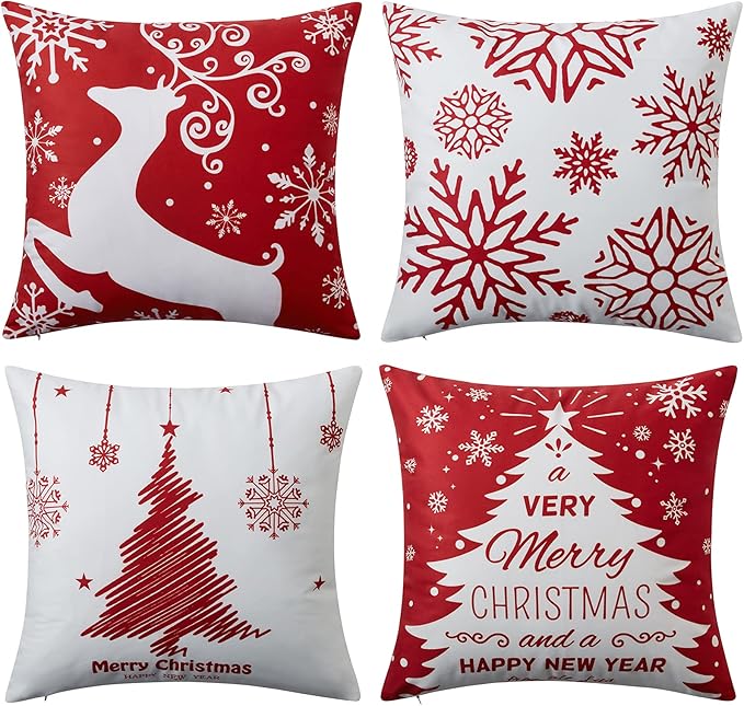 Christmas Pillow Covers 20x20 Set of 4 Farmhouse Christmas Tree Throw Pillow Case Snowflake Reindeer Decoration for Winter Holiday Decor Throw Cushion Case for Home Sofa Couch, Red and White