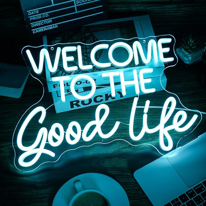 Welcome To The Good Life Neon Sign Letter LED Neon Lights Dimmable USB Powered 16.5’’X11’’Cool Wall Decorative Light Bedroom Kids Room Birthday Party Bar Decoration Gifts for Friend（Ice blue）