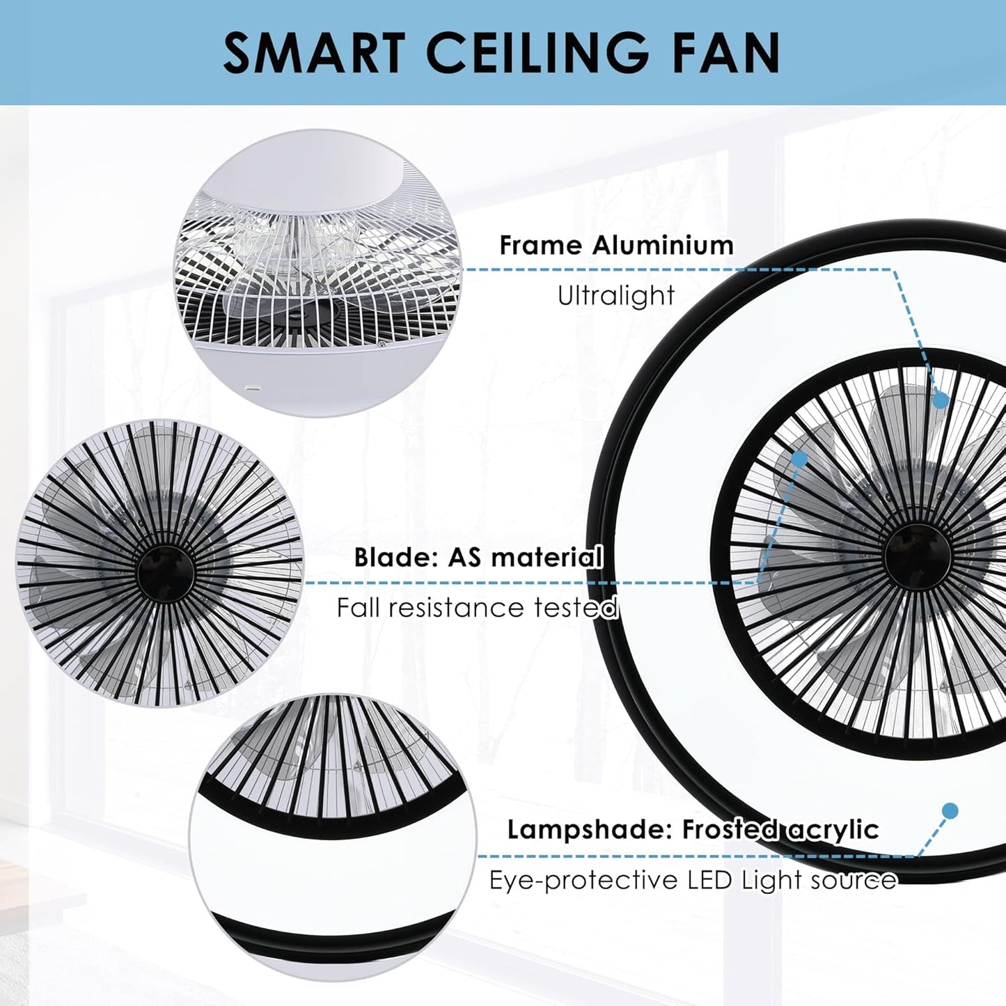 24" Bladeless Ceiling Fan with RGB Light Remote, Smart LED Ceiling Fans with Voice/App Control, Modern Low Profile Dimmable Light Ceiling Fan for Bedroom Living Room Black