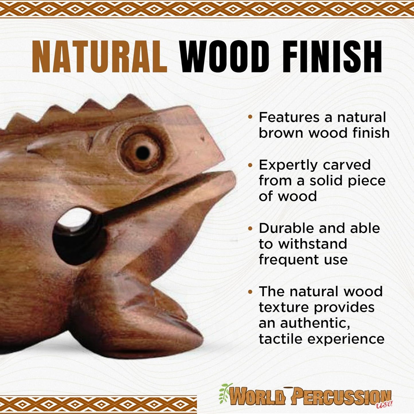 Deluxe Large 6" Wood Frog Guiro Rasp - Musical Instrument Tone Block - Wooden Frog with Stick, Noise Maker by World Percussion USA