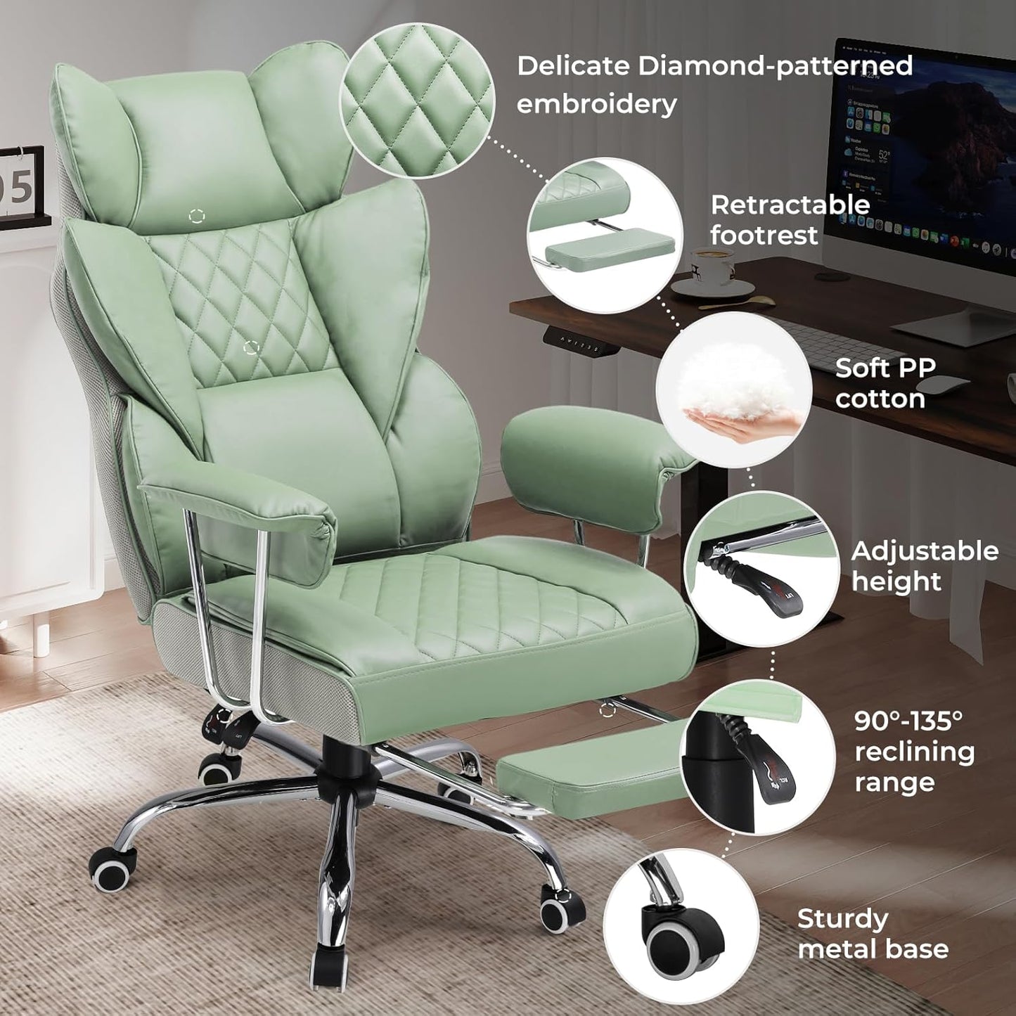 COMHOMA Big and Tall Office Chair, High Back Leather Gaming Chair with Footrest, Executive Ergonomic Office Chairs with Pocket Spring Lumbar Support and with Outward Fixed Soft Armrests