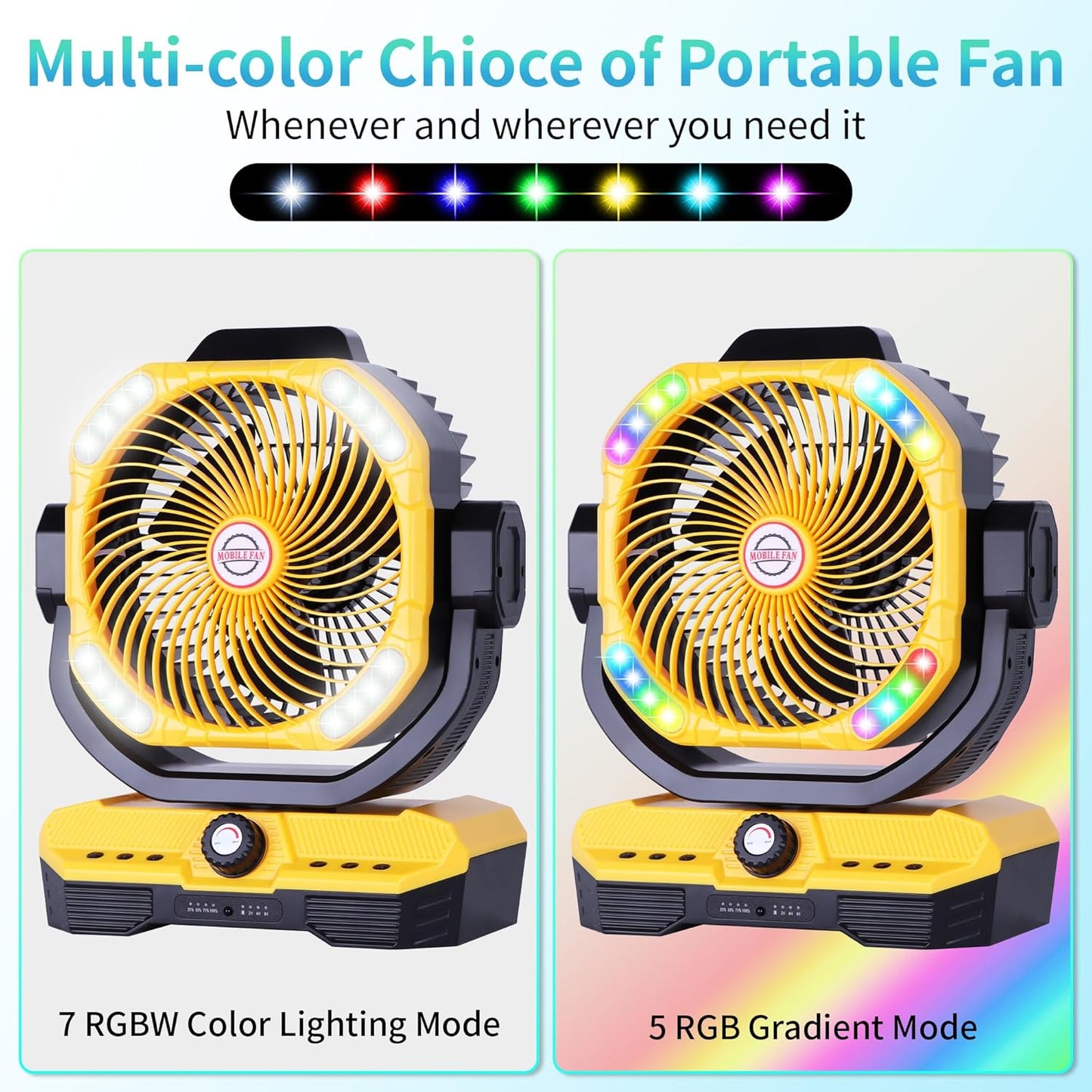Battery Powered Fan Powerful Airflow Battery Operated Air Circulator Fan for Bedroom,Quiet & 360°Auto Oscillating Rechargeable Camping Fans with LED Light (RGBW) X66 Yellow