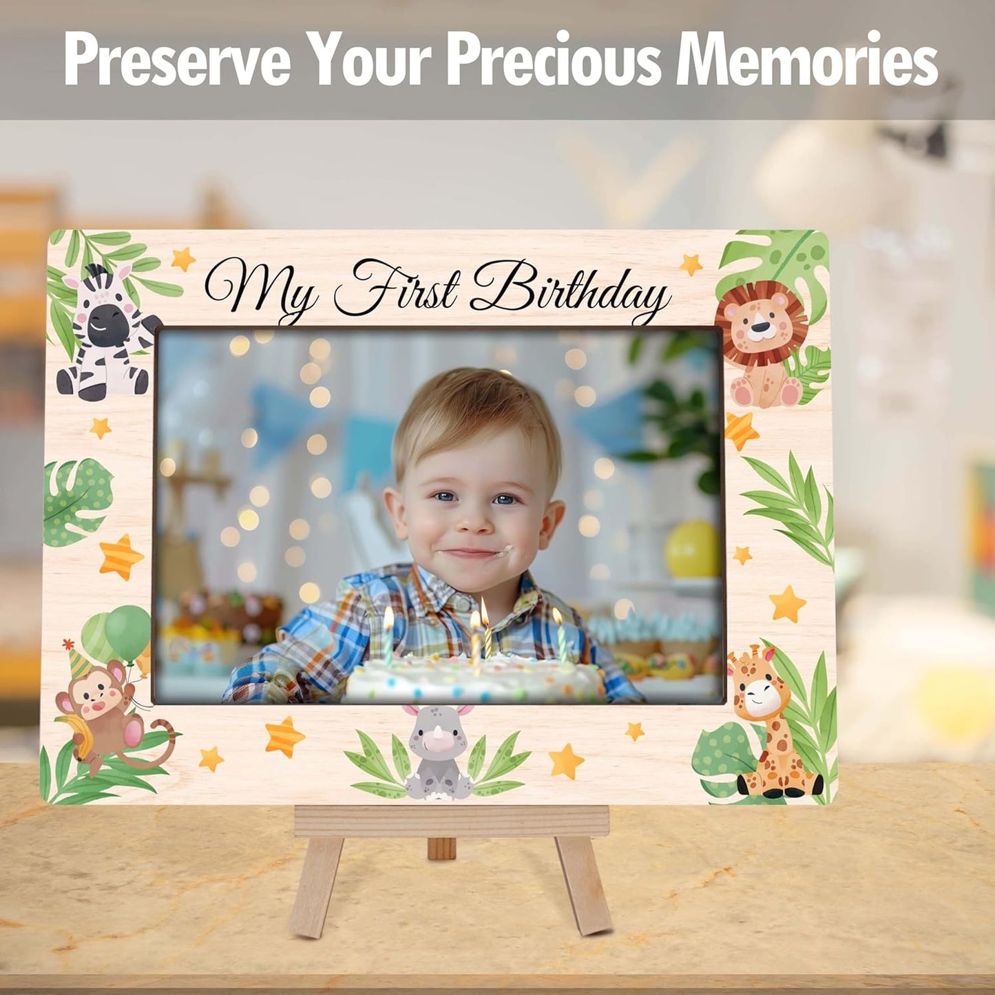 My 1st Birthday Picture Frames, Jungle Animal Wooden 4x6 Photo Frame with Easel, Baby First Year Birthday Gifts for Home Office Tabletop Display Decorations - G04