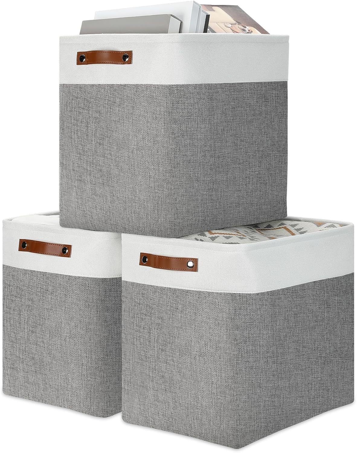 DULLEMELO Storage Baskets 17 inch Large Basket for Blanket Living Room, Foldable Storage Bins Baskets for Organizing [3 Pack] Blanket Storage Baskets Organizer for Home,Office,Closet(White&Grey)