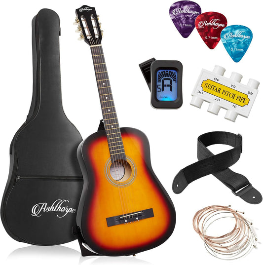 Ashthorpe 38-inch Beginner Acoustic Guitar Package (Sunburst), Basic Starter Kit w/Gig Bag, Strings, Strap, Tuner, Pitch Pipe, Picks
