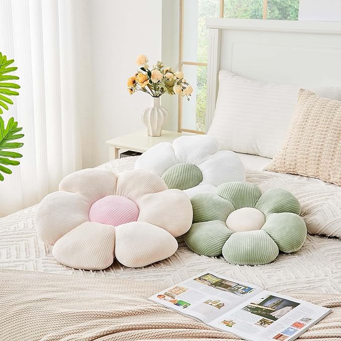 White Flower Pillow, 14.9" Cute Flower Shaped Floor Pillow, Aesthetic Floral Plush Daisy Decorative Throw Pillows for Bed Sofa Couch
