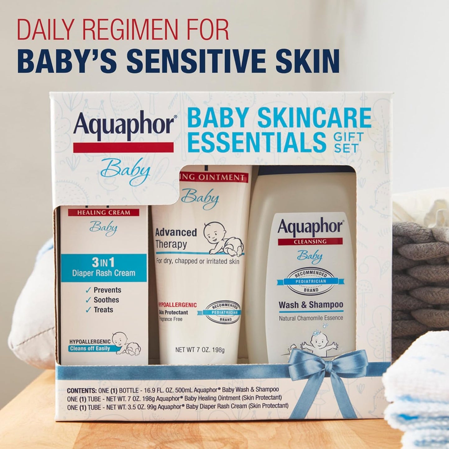 Aquaphor Baby Skin Care Essentials Gift Set with Baby Wash and Shampoo (16.9 Fl Oz) + Healing Ointment for Chapped Skin and Drool Rash (7Oz) + Diaper Rash Cream (3.5Oz), Hypoallergenic