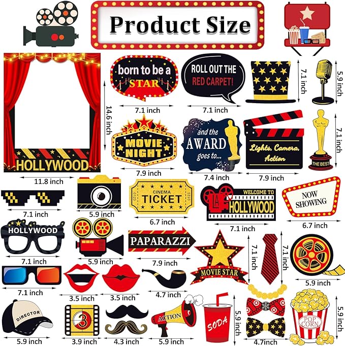 34pcs Hollywood Themed Movie Night Party Photo Booth Props, Hollywood Selfie Frame with Party Photo Props, Red Carpet Cutouts Cards Table Toppers Theme Decor Movie Night Party Supplies