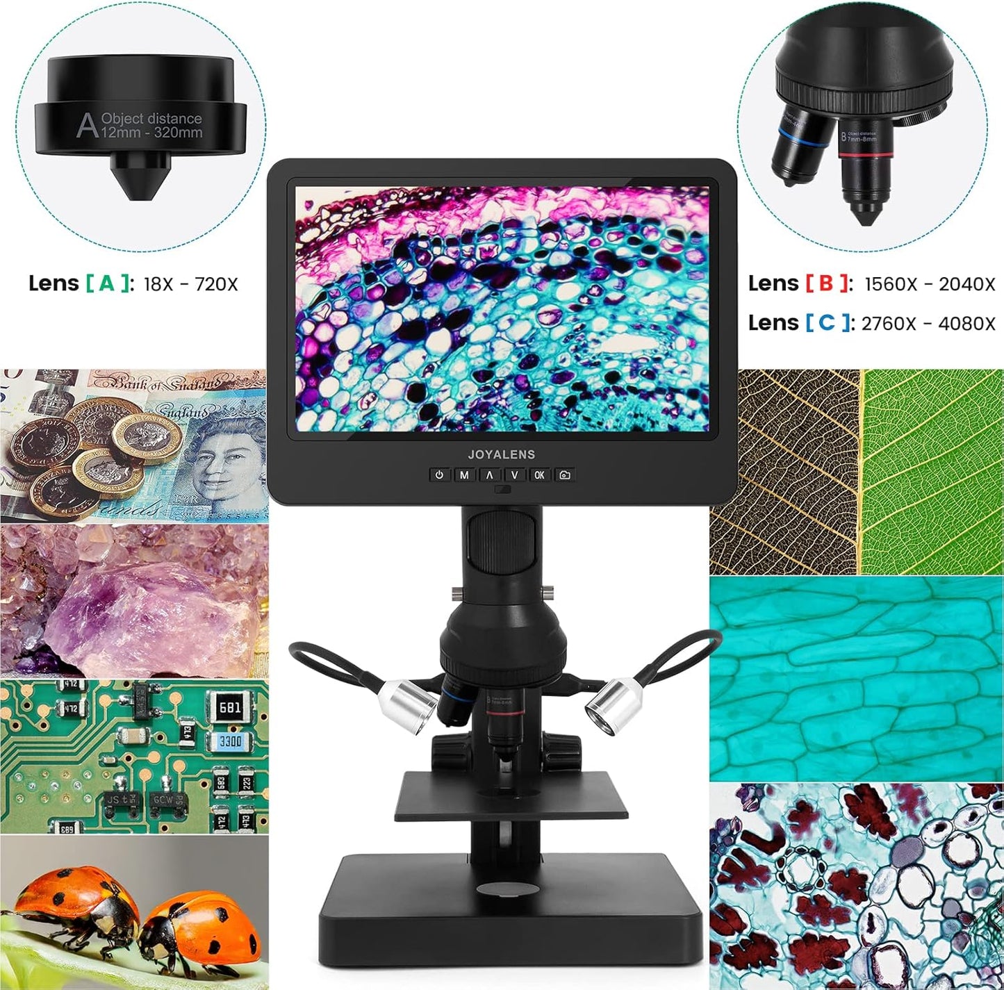 JL249PS 3 Lenses 10 Inch HDMI LCD Digital Microscope, UHD 4000× 24MP Biological Microscope with Prepared Slides, Coin Microscope for Full-Size Coins Error Coins, PC/TV Compatible, 32G Card