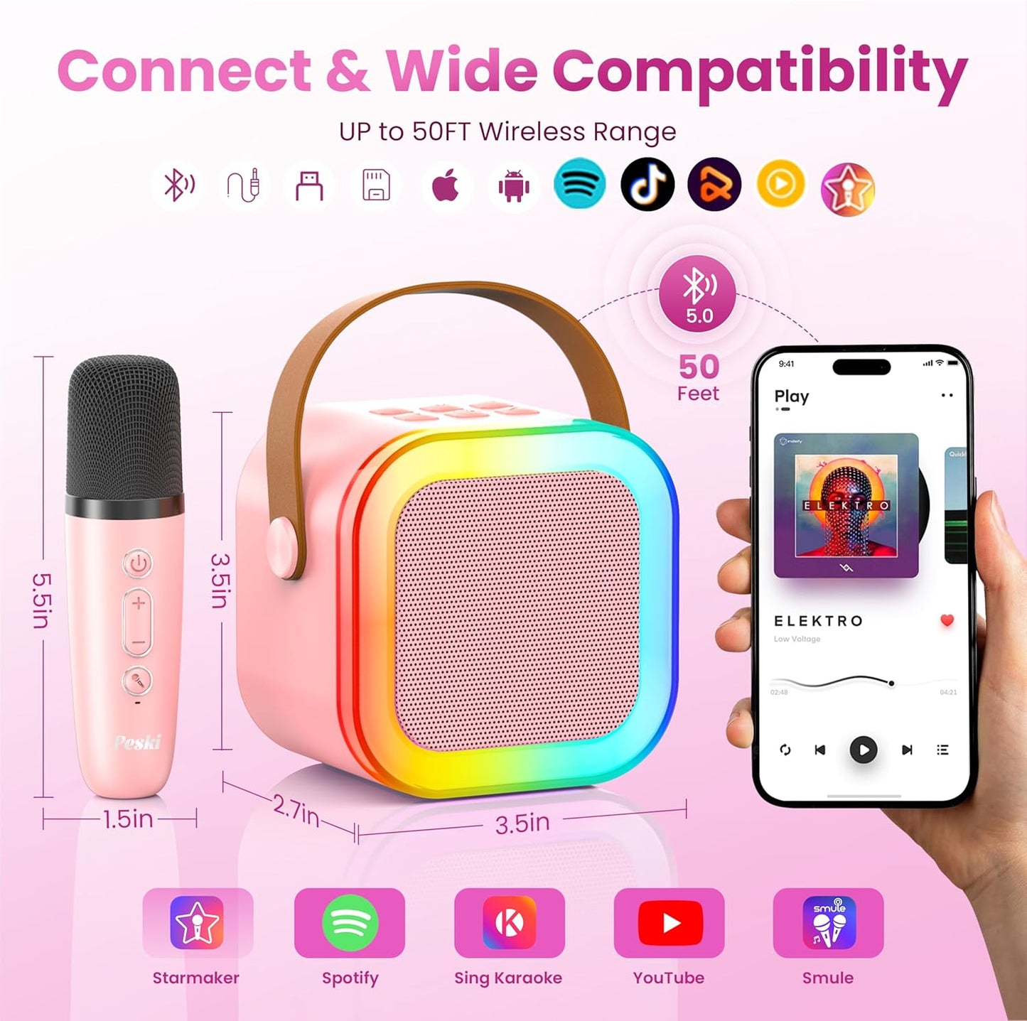 Karaoke Machine for Kids Adults, Portable Bluetooth Mini Karaoke Microphone Singing Speaker with 2 Mic and Light,Toys for All Smartphones,Birthday, Family,Home Party (Pink)