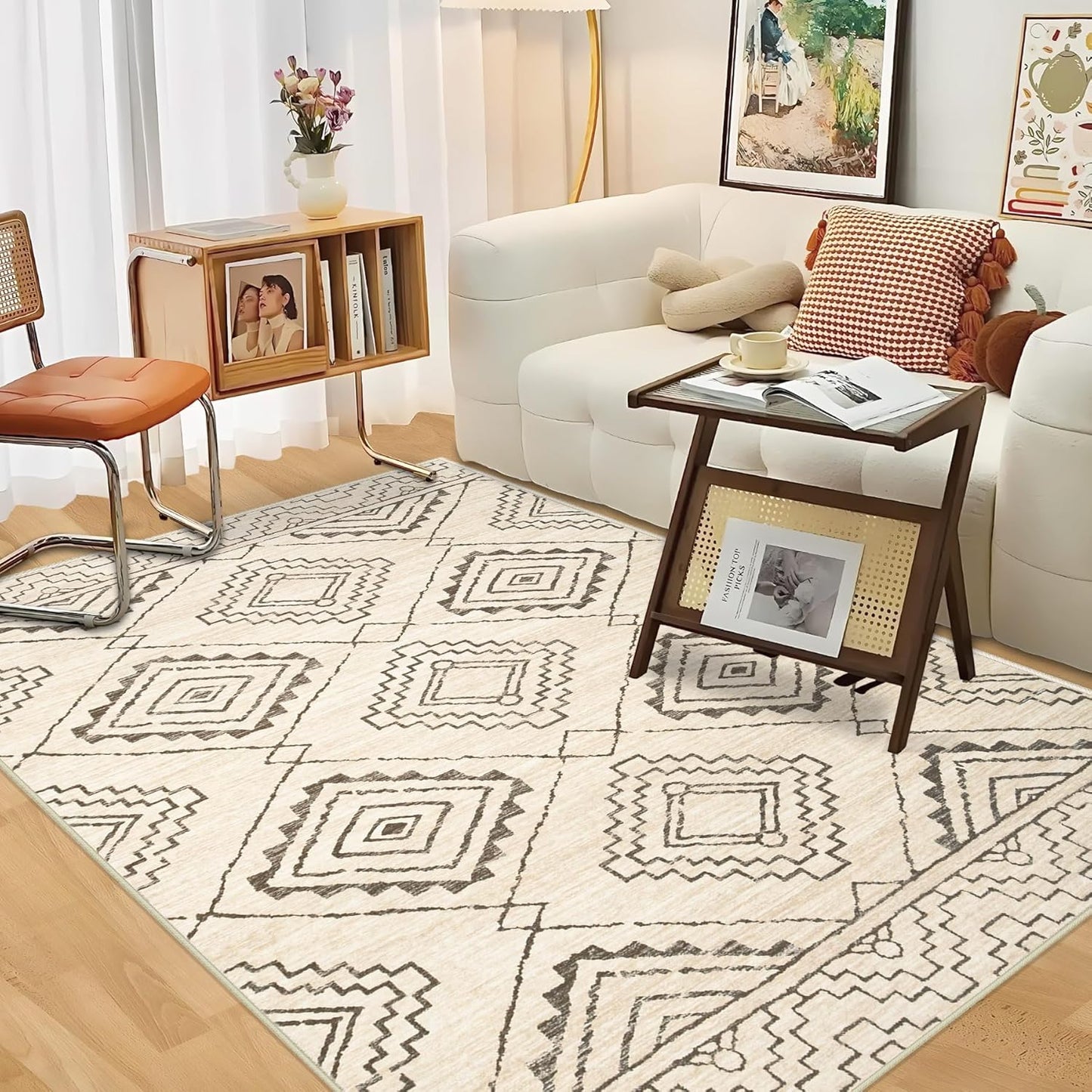 Moroccan Area Rug 4x6 - Washable Boho Geometric Rugs Non-Slip Entryway Rug, Neutral Farmhouse Rugs Soft Throw Rug for Entrance Hallway Bedroom Kitchen Nursery(4'x6',Ivory)