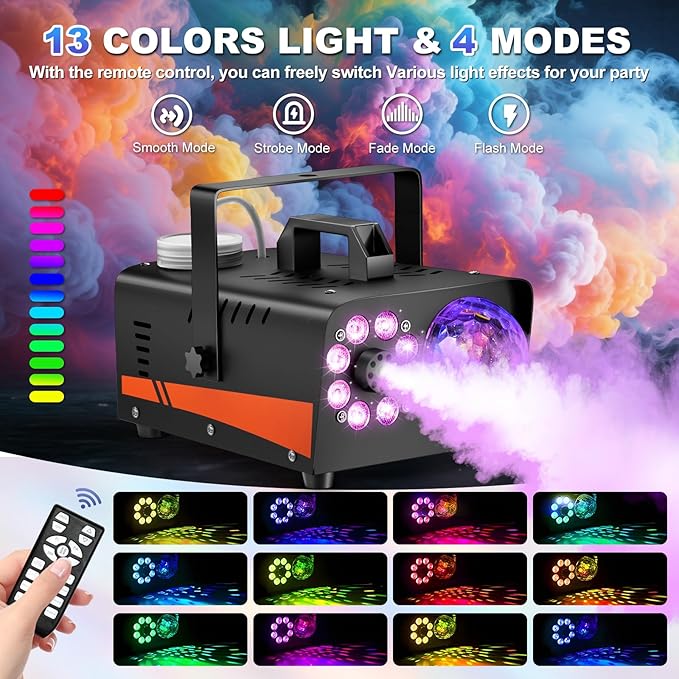 1200W Fog Machine, Halloween Smoke Machine Fog with Disco Ball Lights, 6000CFM with 13-Color LED Effects, Wired And Wireless Remote Controls, Ideal for Indoor, Outdoor, Wedding, Parties, and DJ Stage