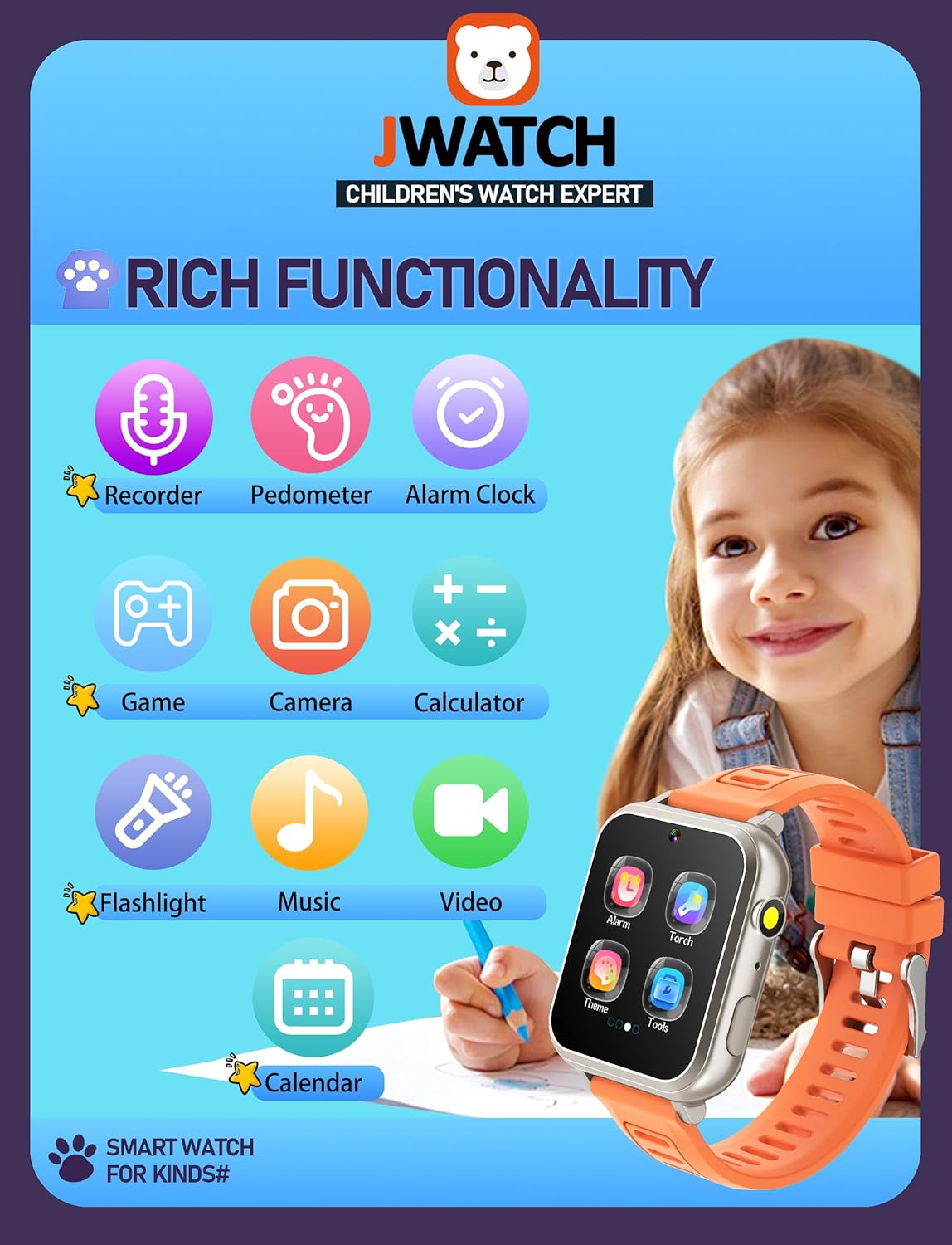 Kids Smart Watch for Boys Girls 6-12 with Pedometer Audio Book Camera Music Player Present Birthday Christmas (Silver Frame Orange)…