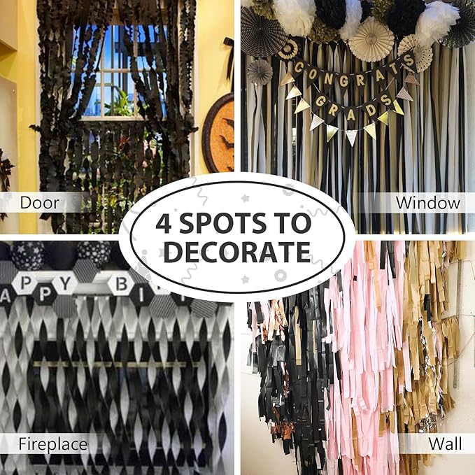 PartyWoo Black Crepe Paper Streamers 4 Rolls 328 ft Pack of Black Crepe Paper for Graduation Halloween New Year Anniversary Birthday Party Decorations (1.8 Inch x 82 Ft/Roll), Black-19