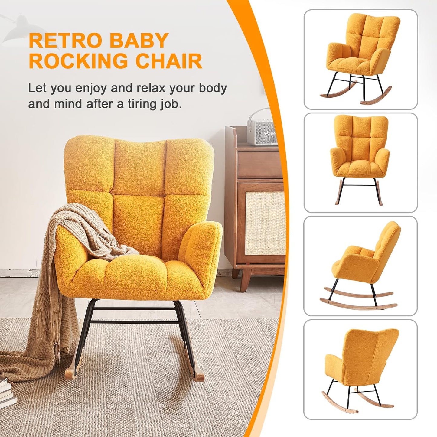 Nursery Rocking Chair, Teddy Fabric Upholstered Glider Rocker with High Backrest, Modern Rocking Accent Chairs Comfy Side Chair for Nursery, Bedroom, Living Room (Yellow)