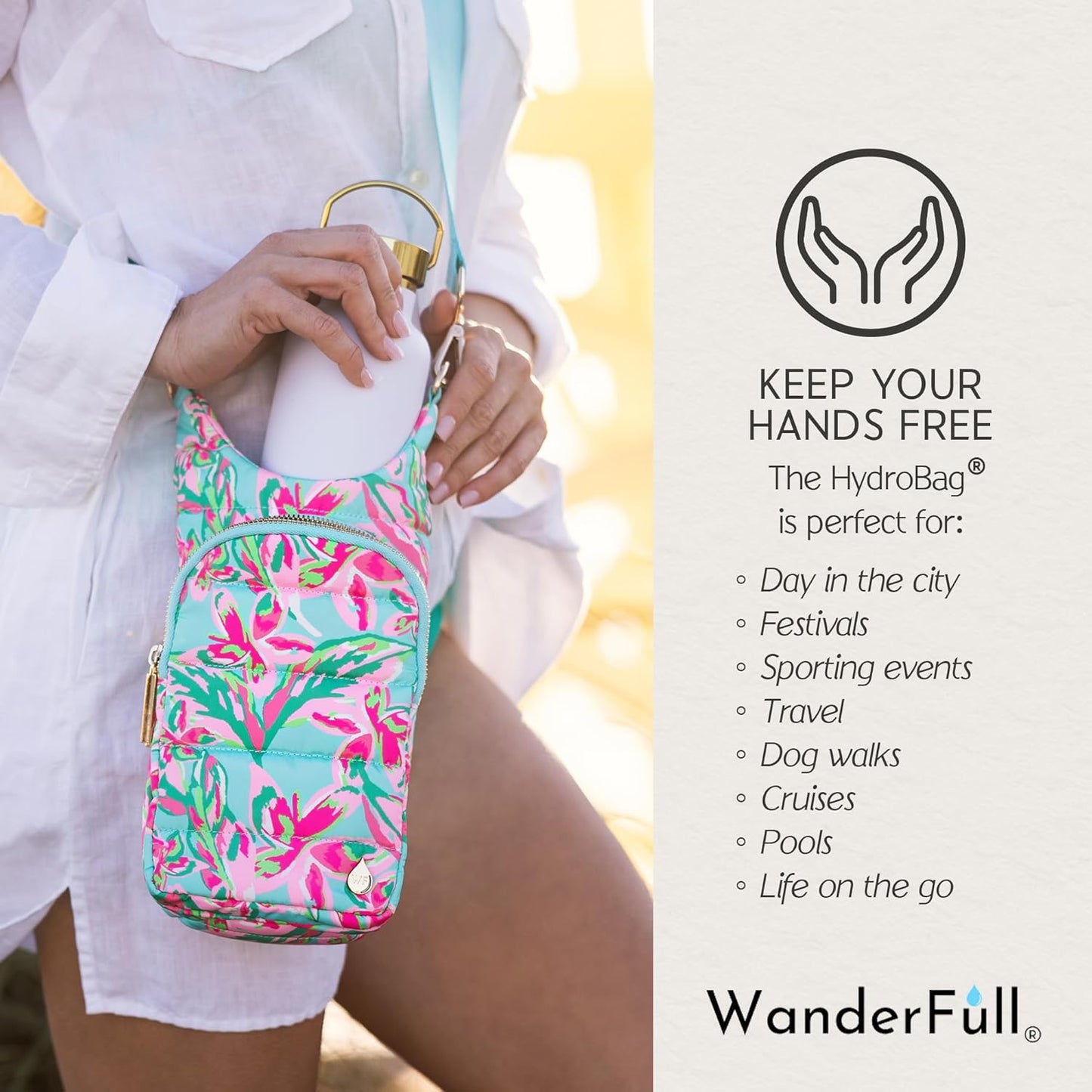 WanderFull® Original HydroBag® Collection, Water Bottle Holder w/Strap & Phone Pocket, Hands-Free Crossbody Water Bottle Bag